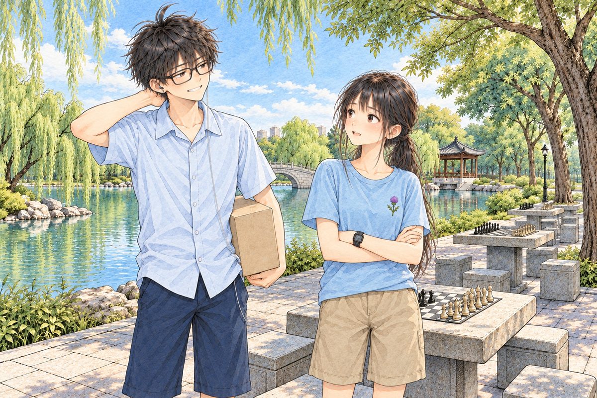 Late morning, bright. The camera has moved round: Haoran on the LEFT with the box under his LEFT arm, his RIGHT hand on the back of his neck, grinning at her, eager; Xiaoyu on the RIGHT, her arms folded, a small surprised smile. The lake behind them. Two faces in the middle band. The willows above are the quiet area.