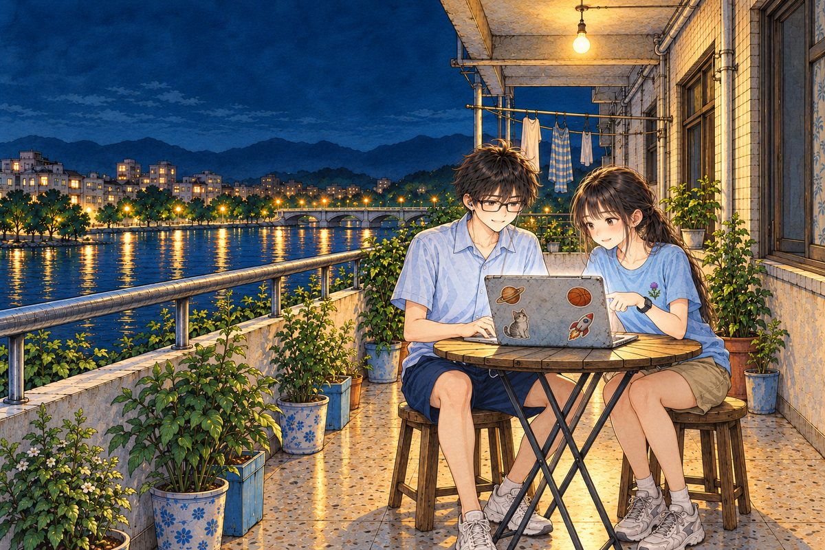 Night, ten o'clock, the warm bare bulb on, a dark blue-green sky, a few warm lights on the river below. Haoran on the LEFT and Xiaoyu on the RIGHT sit close together on stools at the folding table, his silver sticker laptop open between them with its back half to us and its glow on their faces; Haoran types, Xiaoyu points at something on it with her RIGHT finger, both smiling. Pot plants along the wall. Behind Xiaoyu, Grandpa's dark window. Two faces in the middle band. The dark sky above is the quiet area.