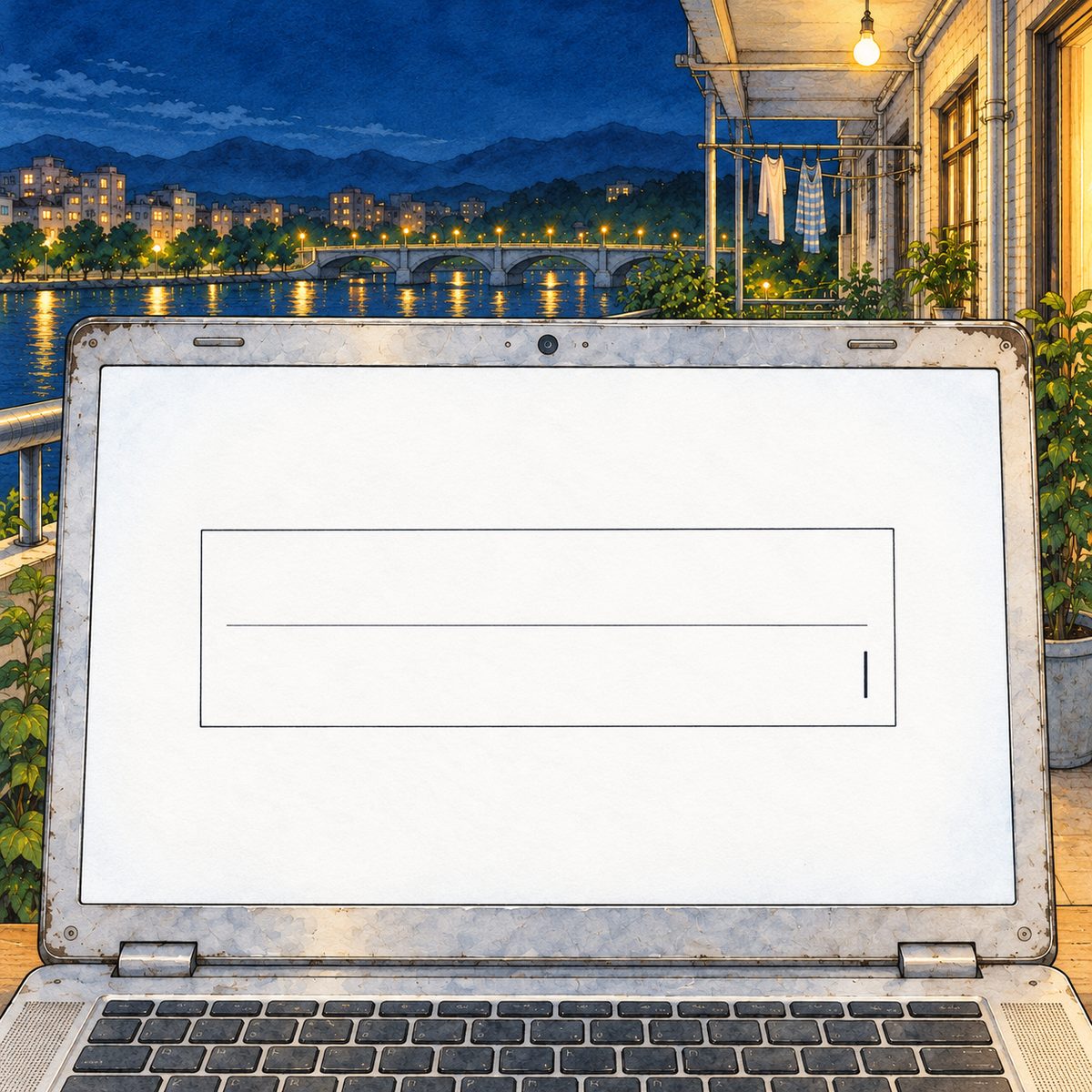 Night, the bulb's warm light at the edge. The laptop screen: a plain white page with two short lines of words in a box, and the cursor blinking at the end. NO letters painted; the words are lettered in afterwards.