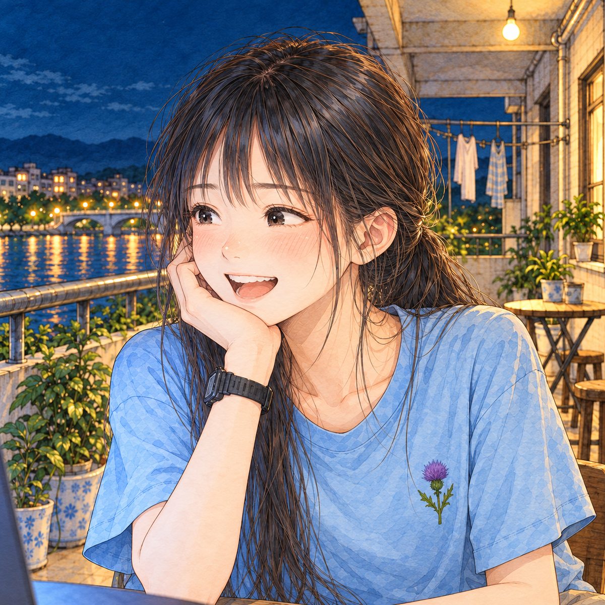 Night, the laptop glow on her face. Xiaoyu looks LEFT at the screen off panel and laughs, her chin on her hand. Her face in the middle of the panel. Her t-shirt below is the quiet area.