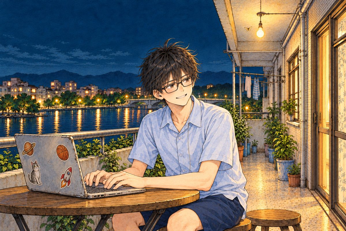 Night, the bulb above, a moth near it. Haoran types with both hands on the laptop keys, the laptop side-on at the left edge, grinning, glancing RIGHT at Xiaoyu off panel. His face in the lower middle of the panel. The dark sky above him is the quiet area for the box.