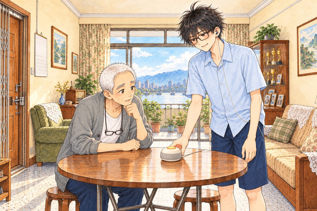 Saturday morning, eight o'clock, bright summer sun through the balcony doors. Grandpa sits at the round folding table on the LEFT in his grey cardigan, his glasses on their cord at his chest, peering curiously at the little cream-white Lantern speaker that Haoran, standing on the RIGHT, has just set down on the table in front of him; Haoran's RIGHT hand is still near it. Two faces in the middle band. The cream wall above is the quiet area.