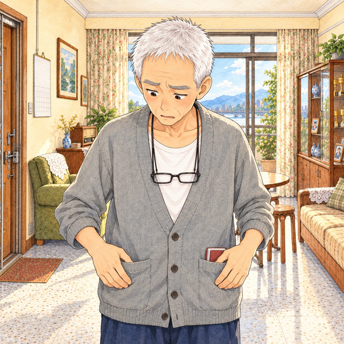 Bright morning light. Grandpa pats both cardigan pockets with his hands, frowning, looking down at them; his glasses hang on their cord at his chest, right under his chin, and he has not seen them. His face in the middle of the panel. His cardigan below is the quiet area.