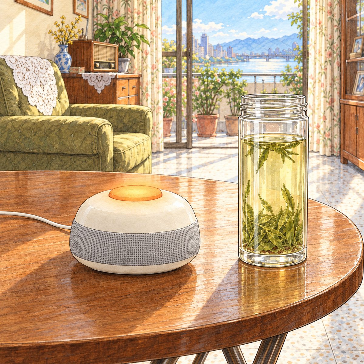 Bright morning light. The small cream-white Lantern speaker on the round table, its orange button glowing as it talks, a tall glass of green tea beside it. No faces. The table around is quiet.