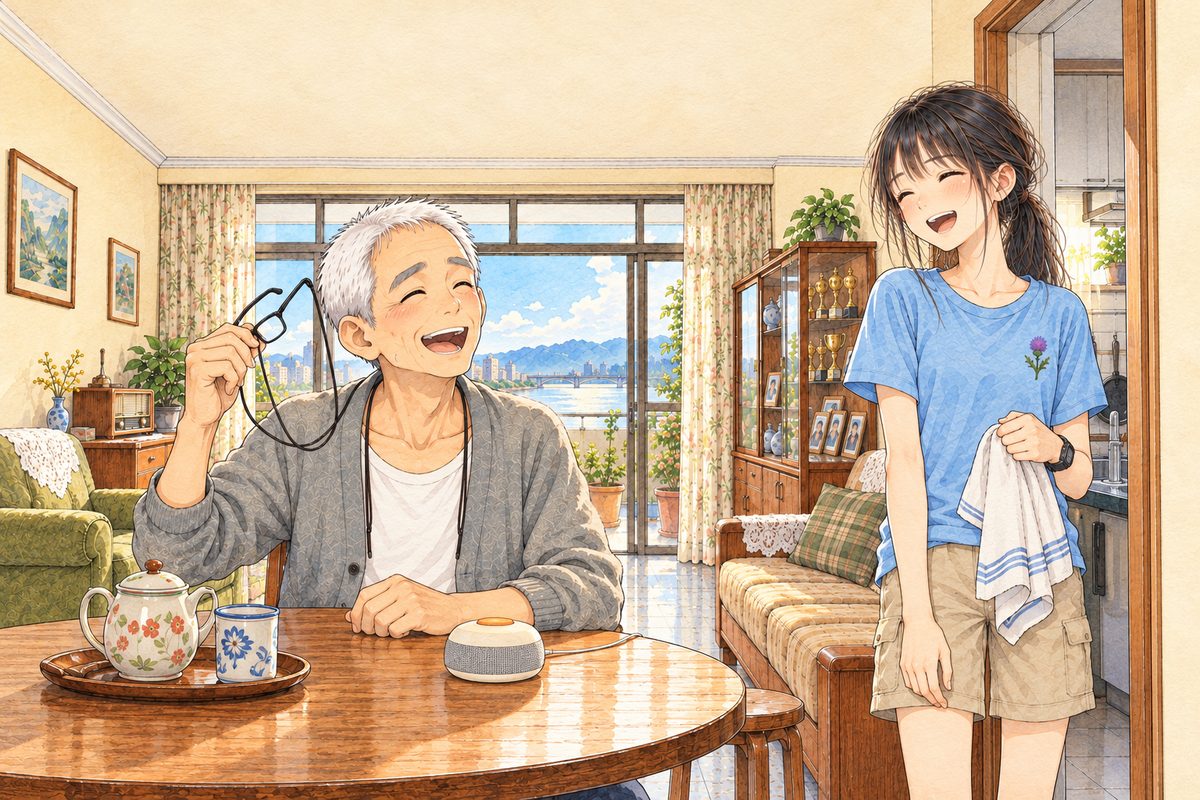 Bright morning. Grandpa at the round table on the LEFT holds up his glasses on their cord with his RIGHT hand and laughs out loud, delighted. Xiaoyu in the kitchen doorway on the RIGHT, a tea towel in her LEFT hand, laughs too. Two faces in the middle band. The cream wall above is the quiet area.