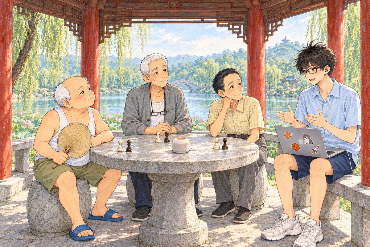Monday morning, nine o'clock, hazy summer light. Round the stone table: Uncle Wu on the LEFT, Grandpa at the far side in the middle, Mr Sun on the RIGHT. Lantern in the middle of the table, and in front of each old man a white chess pawn and a black chess pawn, standing on the stone. Haoran sits on the stone bench at the far RIGHT by a red pillar, his laptop open on his knees with its back to us, explaining. Four faces in the middle band. The roof beams above are the quiet area.