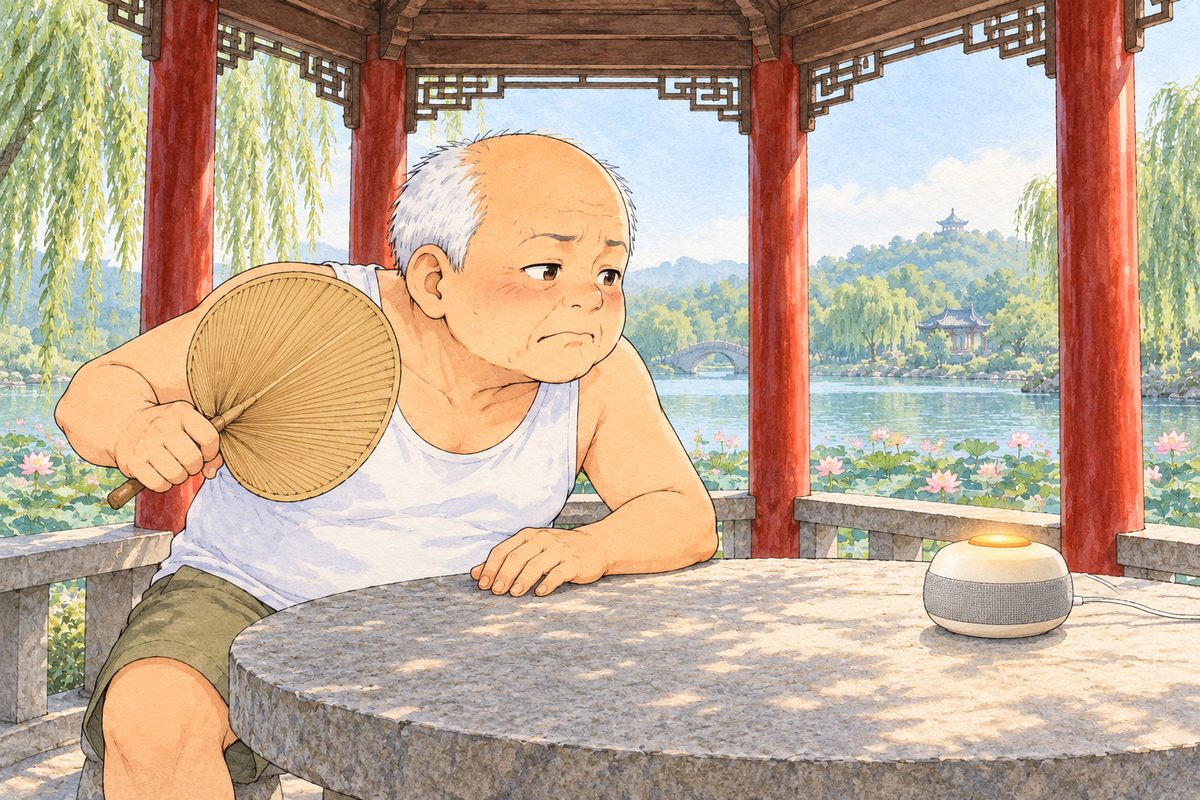 Hazy morning. Uncle Wu on the LEFT fans himself hard and leans towards the little Lantern speaker at the RIGHT edge of the panel, whose orange button glows. He looks hot. His face in the middle band, on the left. The roof beams above are the quiet area.