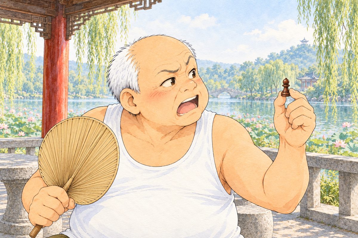 Hazy morning light. Uncle Wu holds up a black chess pawn between the finger and thumb of his LEFT hand, his fan in his RIGHT, and looks RIGHT at Grandpa off panel, scolding, comic. His face in the middle of the panel. His white vest below is the quiet area.