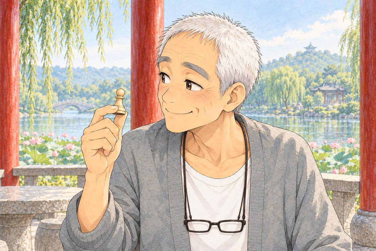 Hazy morning light. Grandpa holds up a white chess pawn between the finger and thumb of his RIGHT hand, looking LEFT at Uncle Wu off panel with a sly, happy smile. His glasses on their cord at his chest. His face in the middle of the panel. His cardigan below is the quiet area.