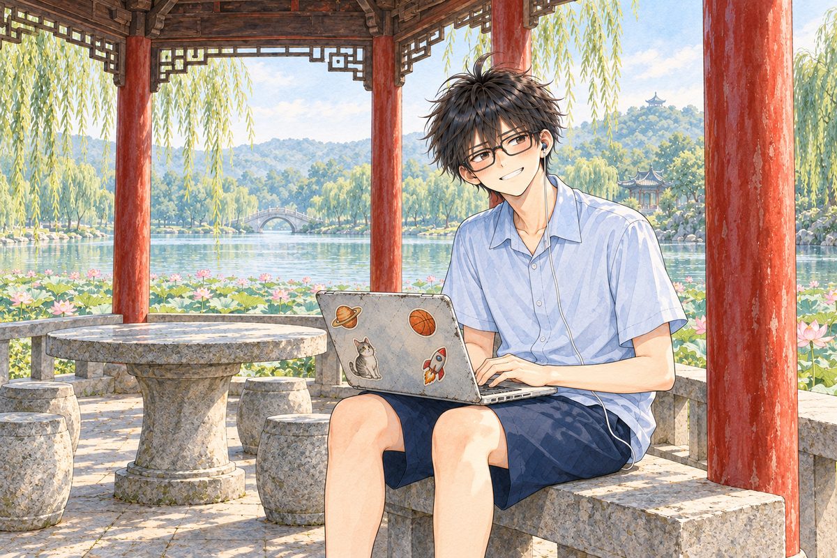 Hazy morning. Haoran sits on the stone bench by the red pillar on the RIGHT, the laptop on his knees side-on, typing with both hands, grinning at the old men off panel to the LEFT. His face in the lower middle of the panel. The red pillar and the dark roof beams above are the quiet area for the box.