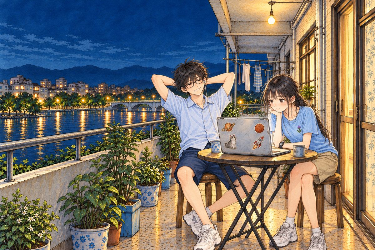 Night, ten o'clock, the warm bare bulb, the river lights below. Haoran on the LEFT leans back on his stool with his hands behind his head, very pleased; Xiaoyu on the RIGHT leans in towards the laptop between them, its back half to us, its glow on her face. Two faces in the middle band. The dark sky above is the quiet area.
