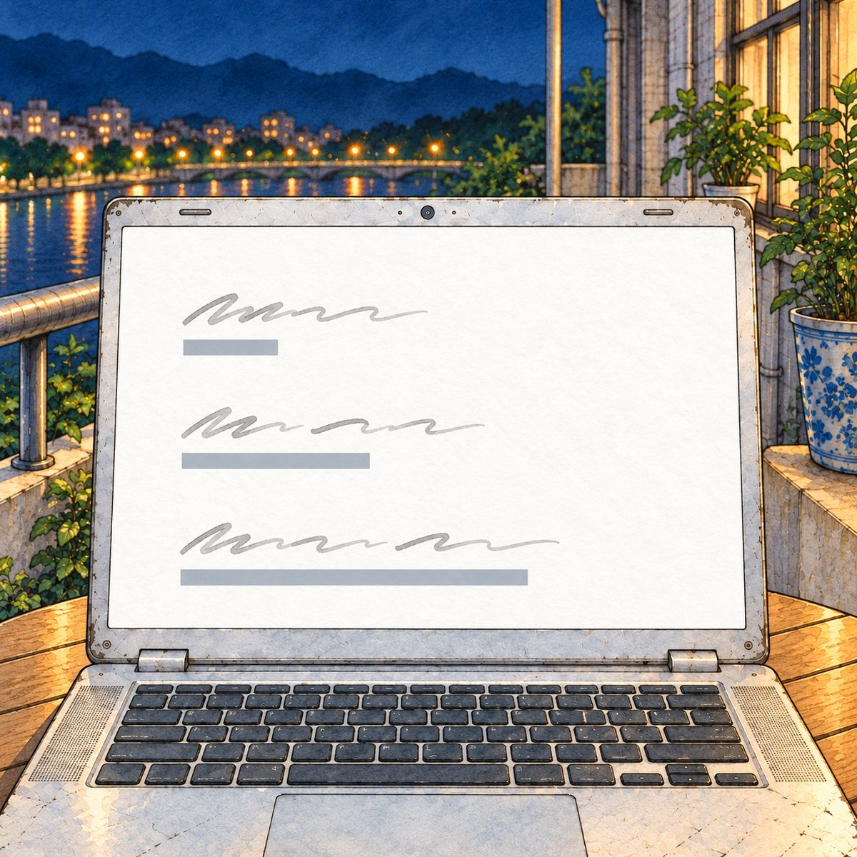 Night. The laptop screen: a white page with three short rows of words and numbers, a small bar growing longer in each row. NO letters or numbers painted; they are lettered in afterwards.