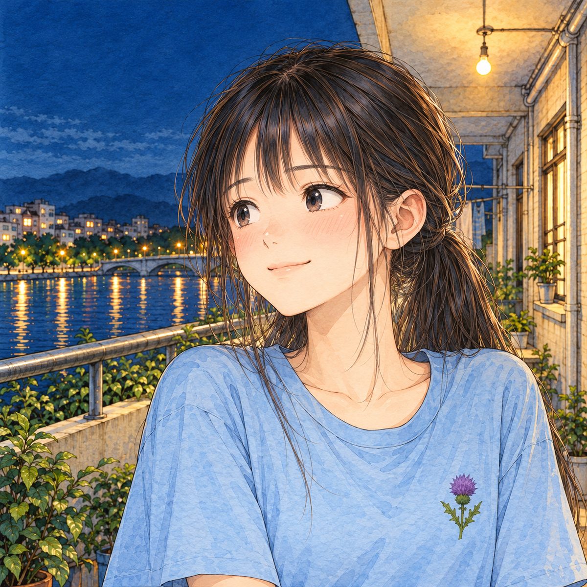 Night, the laptop glow on her face. Xiaoyu looks LEFT at Haoran off panel and smiles, warm. Her face in the middle of the panel. Her t-shirt below is the quiet area.