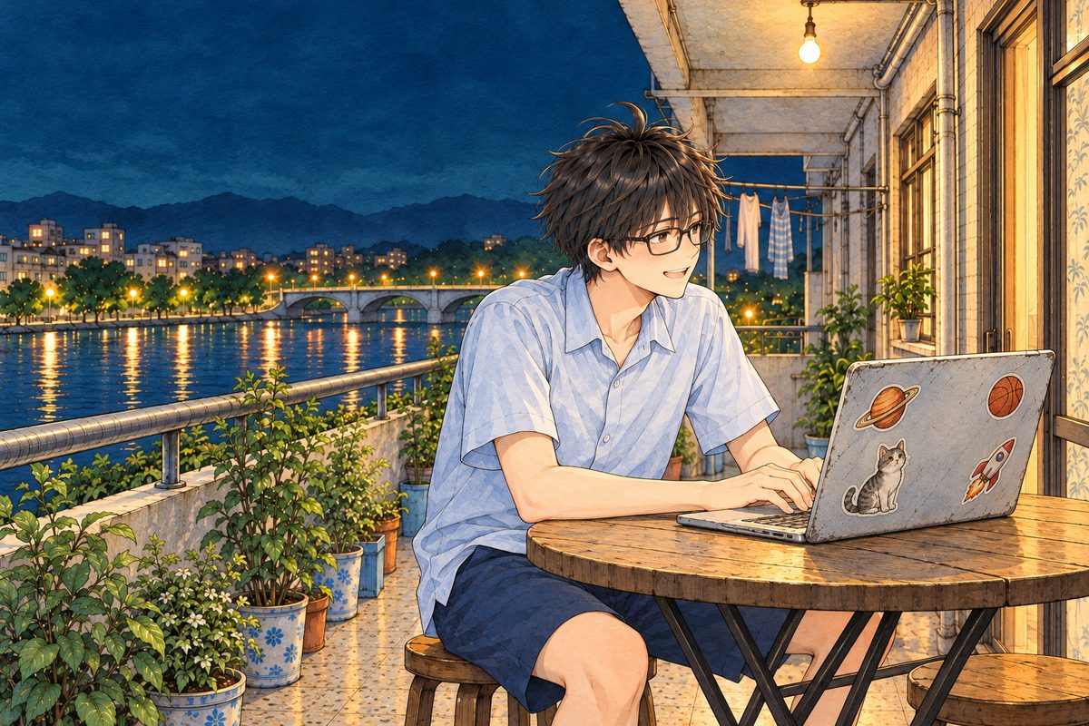 Night, the bulb above. Haoran sits forward now with his forearms on the table, eager, looking RIGHT at Xiaoyu off panel; we see his RIGHT ear, bare, and his earbud is hidden on the far side of his head. His face in the middle band. The dark sky above is the quiet area.
