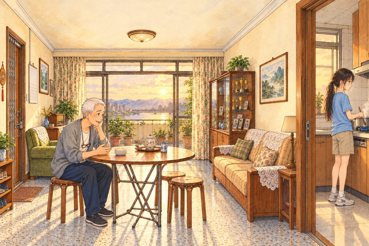 Thursday evening, half past six, low gold light through the balcony doors. Grandpa sits at the round folding table on the LEFT, talking to the little Lantern speaker in front of him, its orange button glowing. Across the room on the RIGHT, through the open kitchen doorway, Xiaoyu stands at the stove with her back half to us, stirring a pot. Two faces in the middle band, Xiaoyu's small and in profile. The cream wall above is the quiet area.