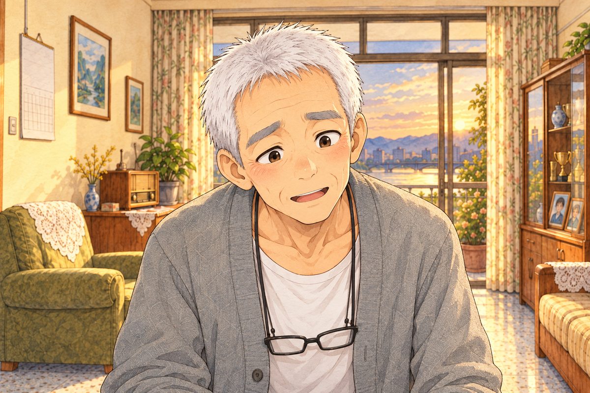 Evening gold light. Grandpa leans towards the speaker off panel below, looking down at it, gentle and hopeful, as if asking a neighbour. His glasses on their cord at his chest. His face in the middle of the panel. His cardigan below is the quiet area.