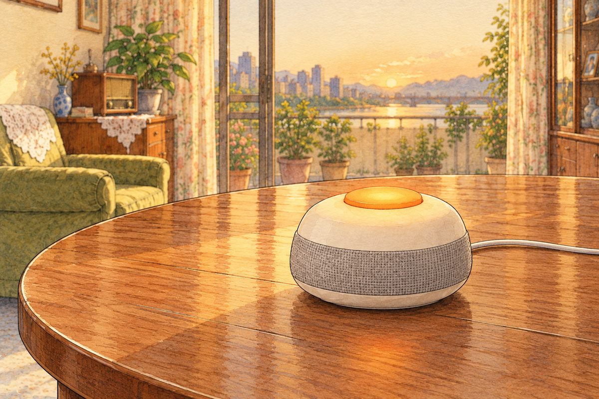 Evening gold light across the table. The small cream-white Lantern speaker, its orange button glowing as it answers. No faces. The table around is quiet.
