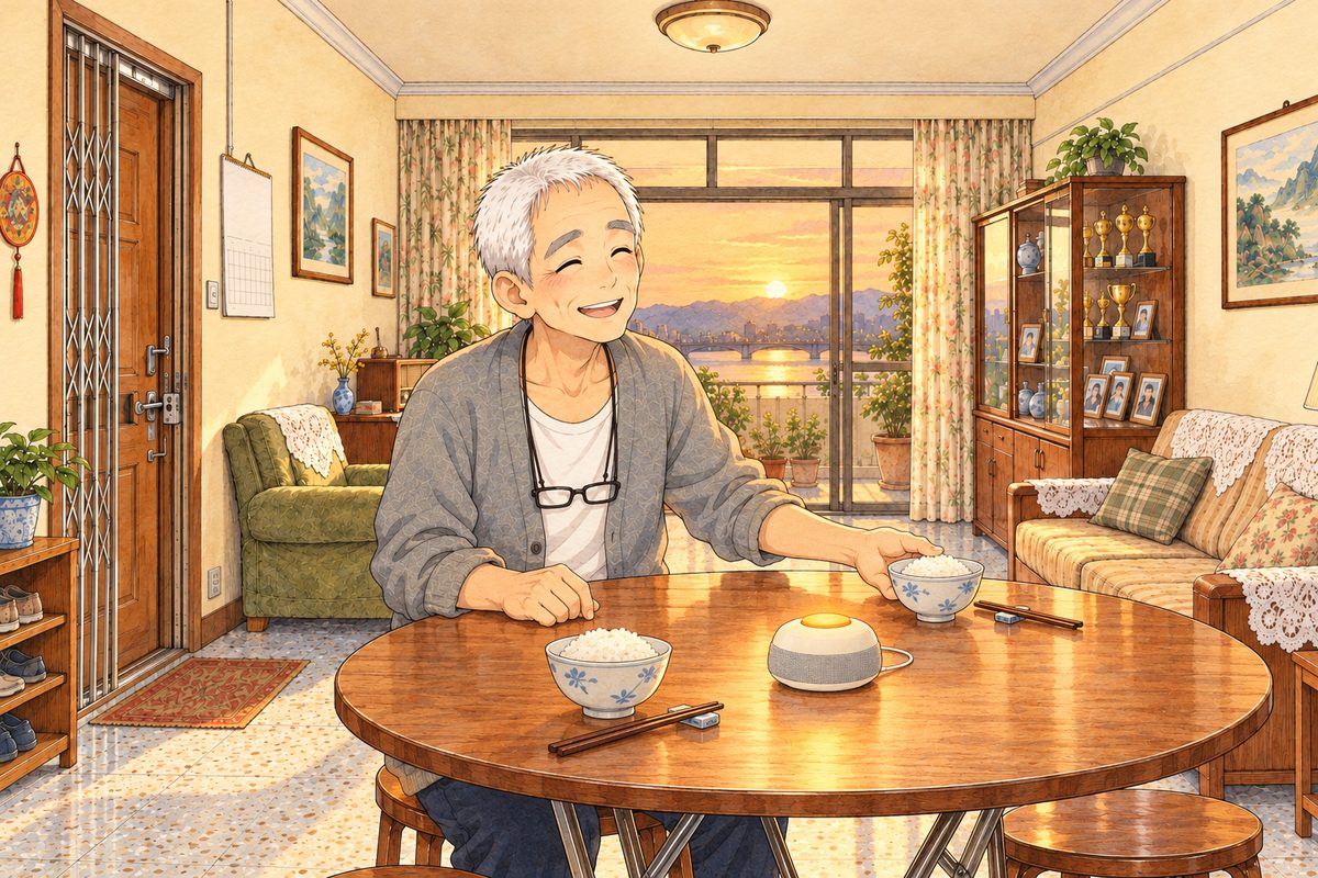 Evening gold light. Grandpa, smiling and happy, sets a second white rice bowl on the far side of the round table with his RIGHT hand, a pair of chopsticks already laid beside it, across from his own bowl. Lantern glows on the table between the bowls. His face in the middle band. The cream wall above is the quiet area.