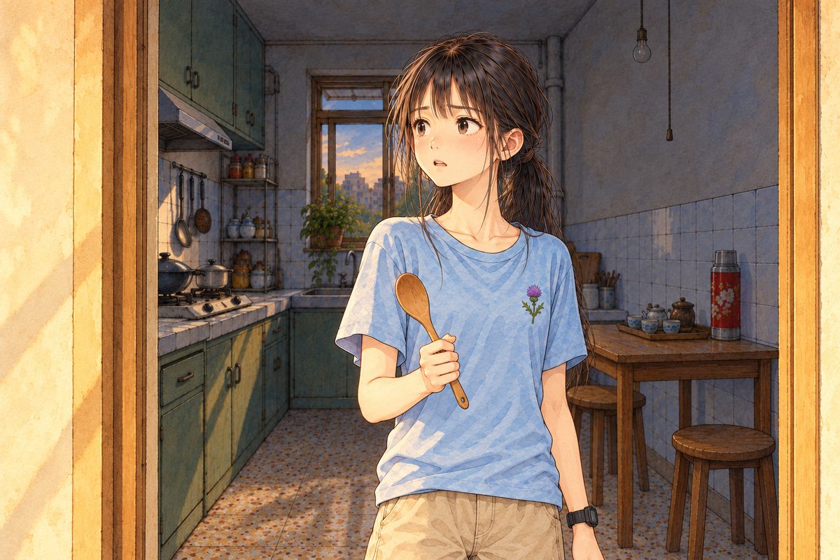 Evening gold light from the living room on her face. Xiaoyu stands in the kitchen doorway with a wooden spoon still in her RIGHT hand, frozen, looking LEFT at Grandpa off panel, her face gone pale. The dim kitchen behind her. Her face in the middle band. The dim wall above is the quiet area.