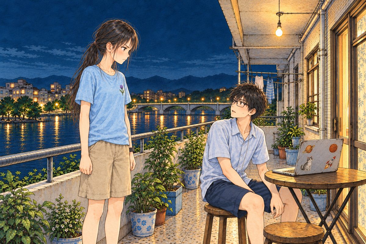 Thursday night, nine o'clock, the bare bulb on, the river dark. Xiaoyu stands on the LEFT with her arms stiff at her sides, angry, her face set. Haoran on the RIGHT has turned round on his stool at the folding table, the laptop behind him, looking up at her, startled. Two faces in the middle band. The dark sky above is the quiet area.
