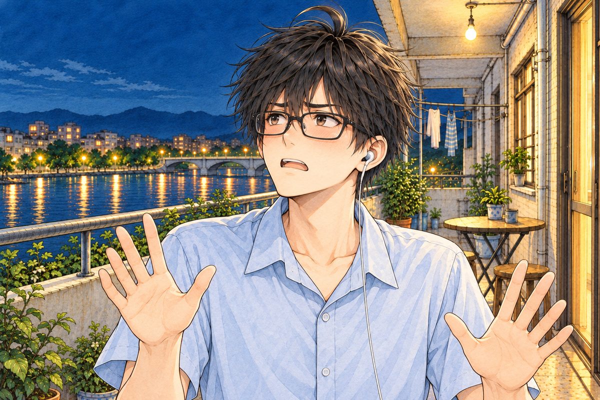 Night, the bulb above. Haoran looks LEFT and up at Xiaoyu off panel, stung, defensive, his hands open. His earbud in his LEFT ear, on the viewer's right. His face in the middle of the panel. His shirt below is the quiet area.
