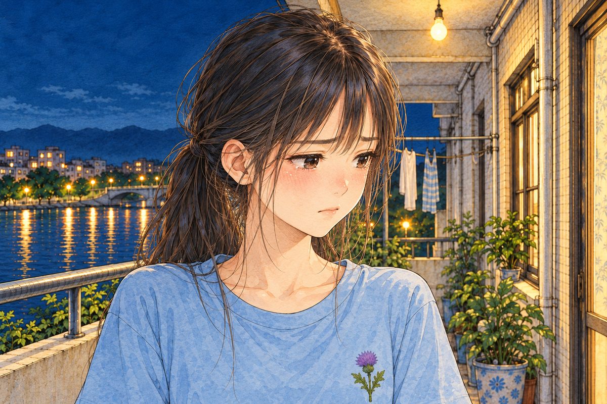 Night, the bulb above. Xiaoyu looks RIGHT and down at Haoran off panel, hurt and very still, her eyes wet. Her face in the middle of the panel. Her t-shirt below is the quiet area.