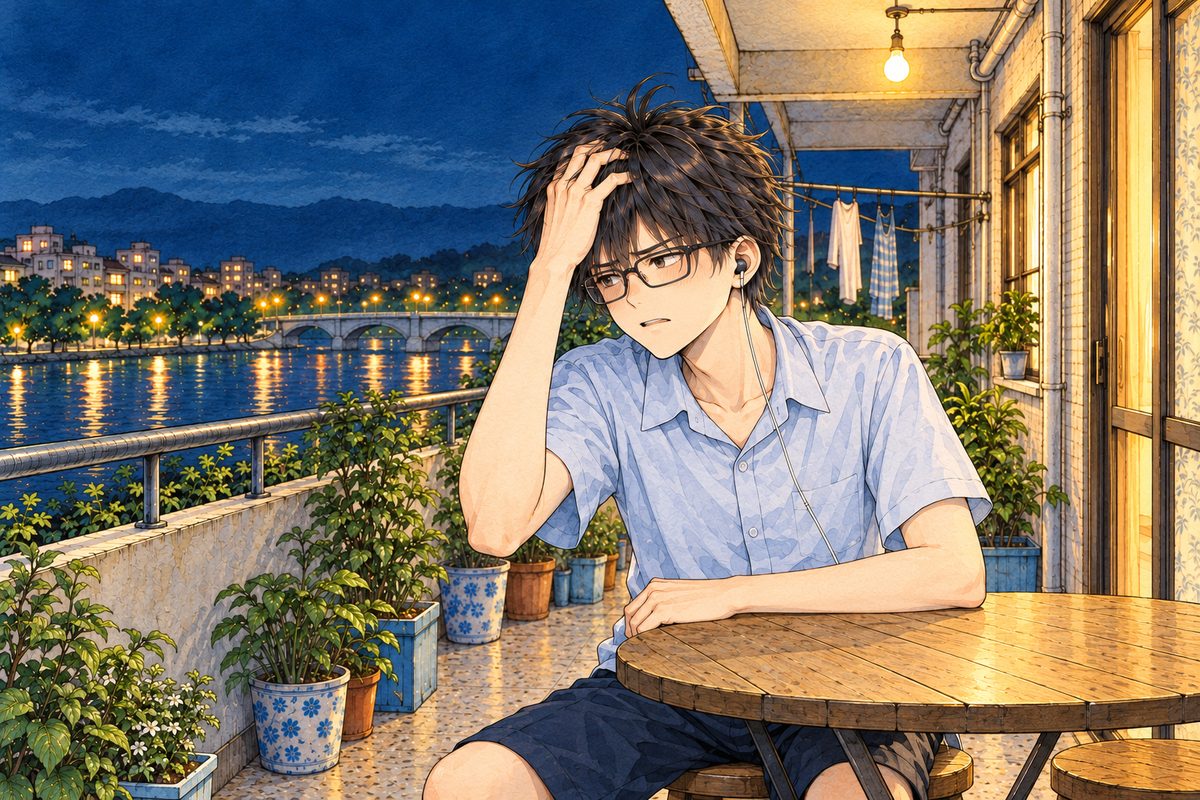 Night, the bare bulb. Haoran pushes his hand through his hair with his RIGHT hand, frustrated, looking LEFT at Xiaoyu off panel. His face in the middle band. The dark sky above is the quiet area.