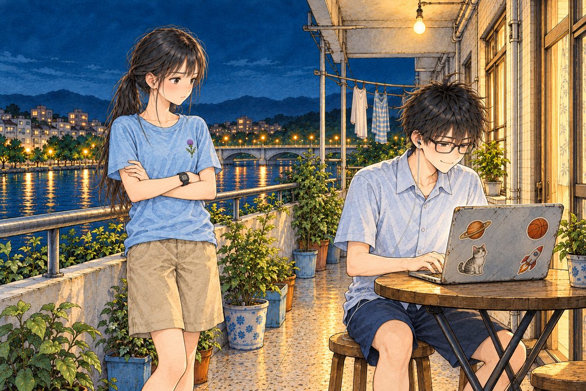 Night. Xiaoyu on the LEFT, her arms folded now, looks at him hard. Haoran on the RIGHT has turned back to the laptop, its back half to us and its glow on his face, his hands on the keys. Two faces in the middle band. The dark sky above is the quiet area.