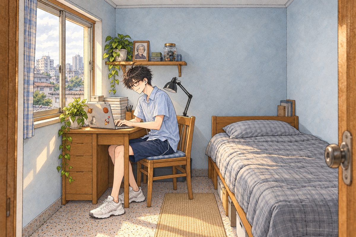 Friday morning, seven o'clock, grey-gold light through the small window on the LEFT. Haoran sits at his honey wooden desk under the window, typing on his silver sticker laptop, its back to the window and its screen towards the chair, so we see only the side of the lid; stacks of plain exam books pushed to one side, the small framed photo of his grandma on the shelf above. He is turned three-quarters towards the window, the VIEWER'S LEFT, so we see his LEFT ear with the white earbud in it. His face in three-quarter in the middle band. The pale blue-grey wall above is the quiet area.