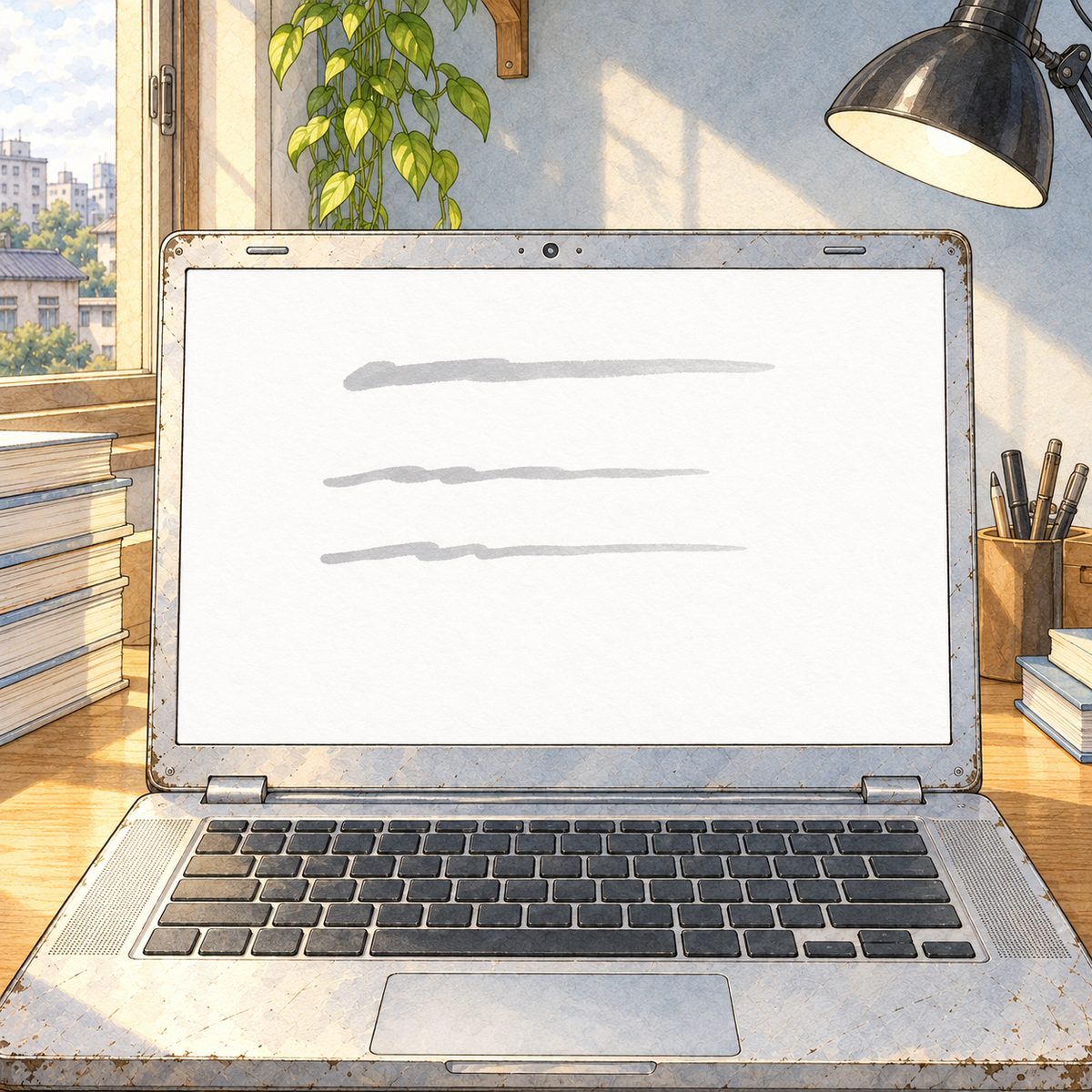 Morning light at the edge. The laptop screen: a plain white page with a short heading and two numbered lines. NO letters or numbers painted; they are lettered in afterwards.