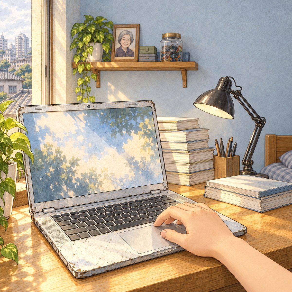Morning light. Haoran's RIGHT hand rests on the laptop's trackpad; above, out of focus on the shelf, the small framed photo of his grandma. No faces. The pale wall above is the quiet area for the box.