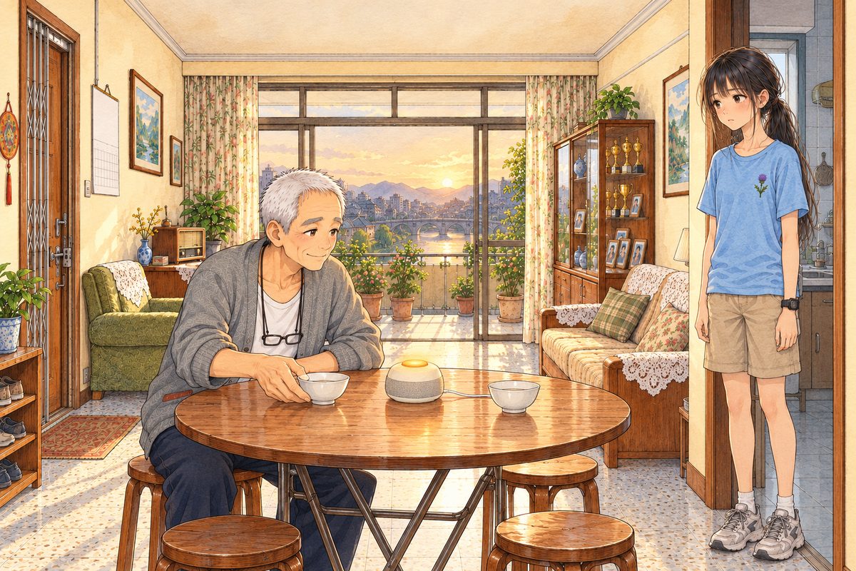 Friday evening, half past six, low gold light. Grandpa at the round table on the LEFT leans towards the glowing Lantern speaker and listens, then reaches for a second white bowl. On the RIGHT, Xiaoyu stands very still in the kitchen doorway, listening. Two faces in the middle band. The cream wall above is the quiet area.