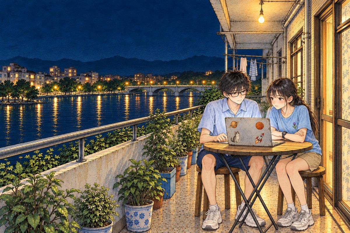Saturday night, ten o'clock, the bare bulb, the river lights. Haoran on the LEFT scrolls slowly through the laptop with one finger, frowning; Xiaoyu on the RIGHT sits beside him, her arms folded on the table. The laptop between them has its back half to us, its glow on their faces. Two faces in the middle band. The dark sky above is the quiet area.