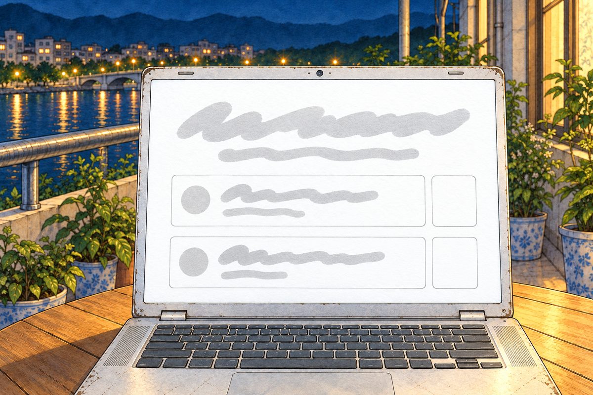 Night. The laptop screen: a white page with one question at the top and two answers below it, each with a small count of votes beside it. NO letters or numbers painted; they are lettered in afterwards.