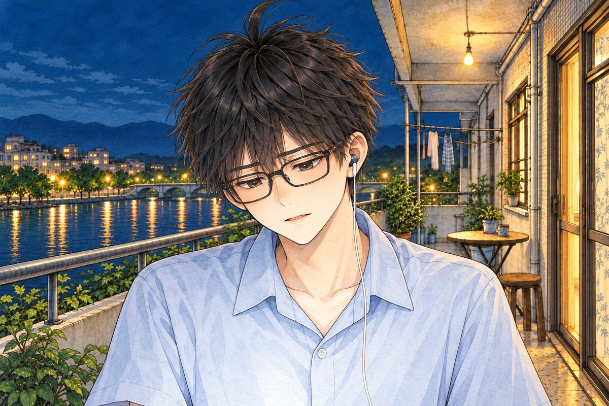 Night, the screen glow on his face. Haoran looks down at the screen off panel, quiet, beginning to understand. His earbud in his LEFT ear, on the viewer's right. His face in the middle of the panel. His shirt below is the quiet area.
