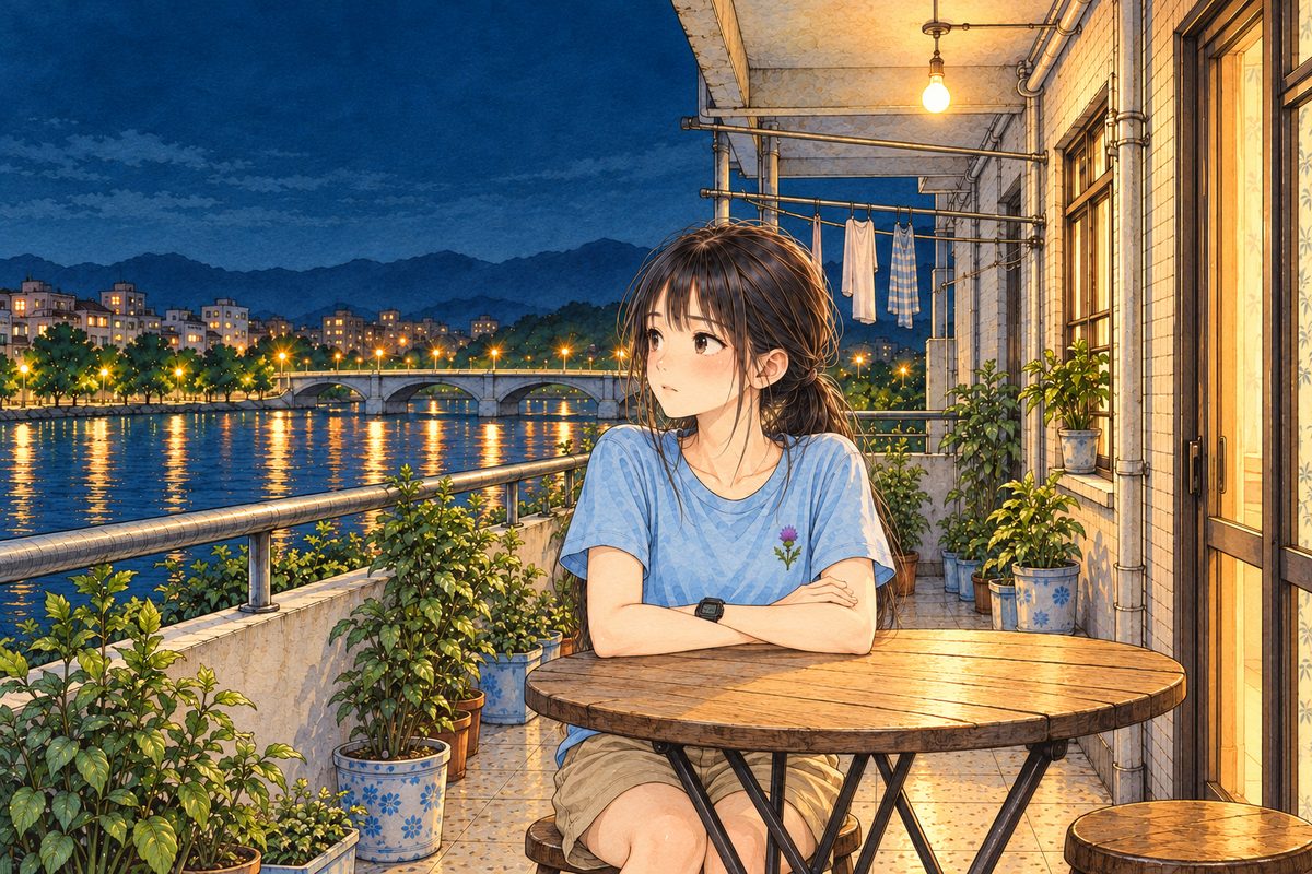 Night, the bulb above. Xiaoyu sits with her arms folded on the table, looking LEFT at Haoran off panel, steady. Her face in the lower middle of the panel. The dark sky above is the quiet area for the box.