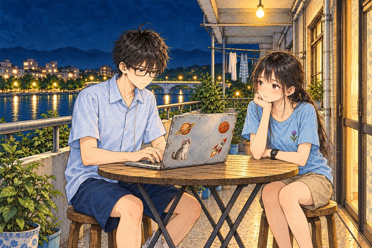 Night. Haoran on the LEFT has turned back to the laptop with both hands on the keys, set and determined. Xiaoyu on the RIGHT watches him, doubtful, her chin on her hand. Two faces in the middle band. The dark sky above is the quiet area.