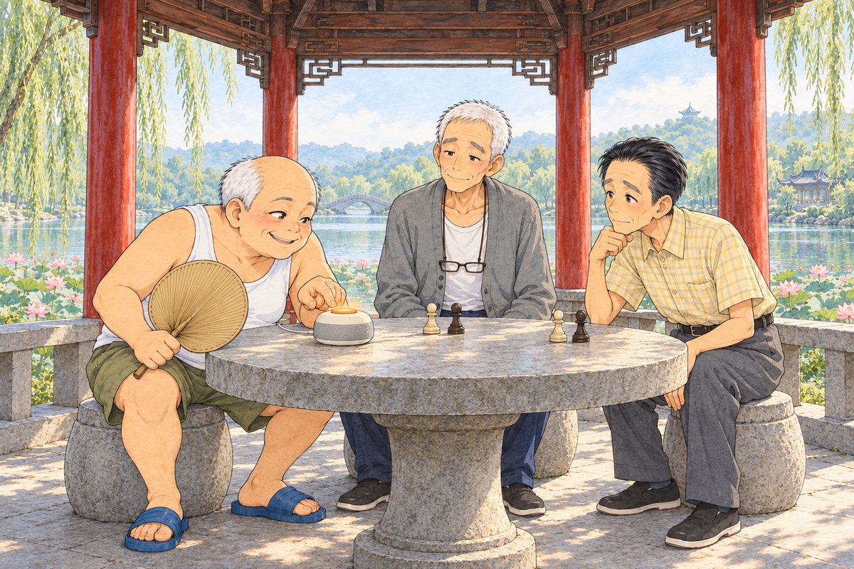 Hazy morning, nine o'clock. Round the stone table: Uncle Wu on the LEFT leans over the glowing Lantern speaker, grinning and sly; Grandpa at the far side in the middle and Mr Sun on the RIGHT, each with a white pawn and a black pawn in front of him, watch. Three faces in the middle band. The roof beams above are the quiet area.