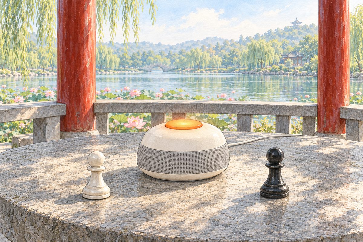 Hazy morning light. The small cream-white Lantern speaker on the stone table, its orange button glowing. A white pawn and a black pawn stand beside it. No faces. The stone is quiet.