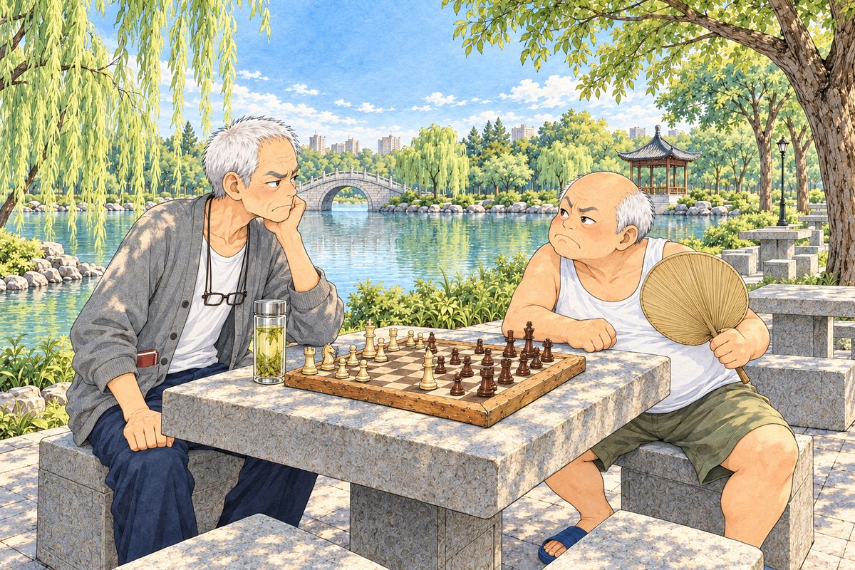 The same afternoon, three o'clock, dappled light under the willows. Grandpa on the LEFT and Uncle Wu on the RIGHT sit at the square stone table, each with his own pieces nearest him, a tall glass of tea by Grandpa. Both have stopped playing and glare at each other across the board, indignant and comic. Two faces in the middle band. The willows and the bright sky above are the quiet area.