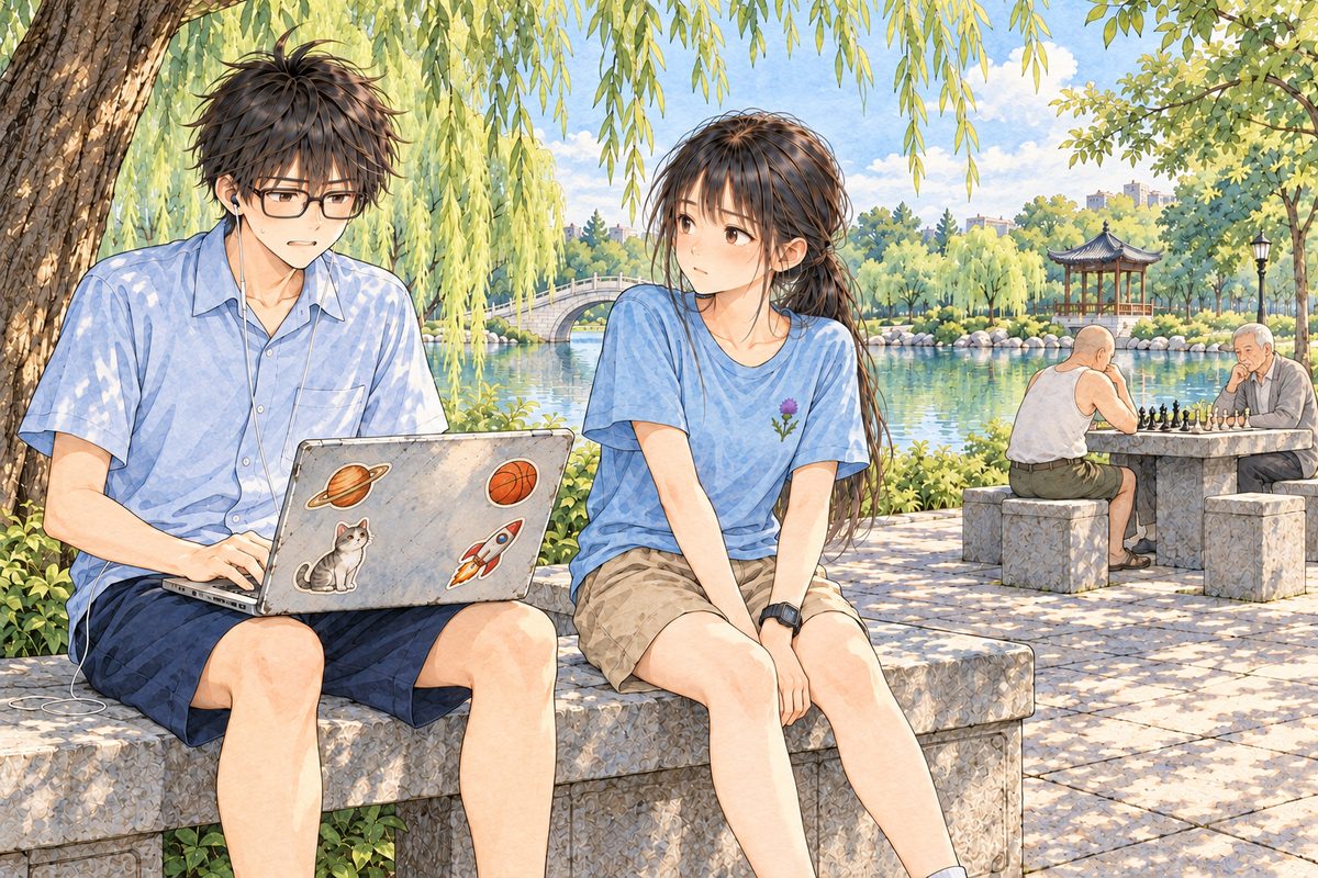 The same afternoon, dappled shade. On a stone bench a little way from the chess table, Haoran on the LEFT has the laptop on his knees, its back half to us and its glow on his face, his grin fading into unease. Xiaoyu on the RIGHT looks at him, not at the screen, flat and unsmiling. Far behind them, small, the two old men at the stone table. Two faces in the middle band. The willow branches above are the quiet area.