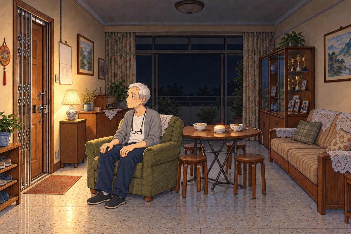 Saturday night, eleven o'clock, one small lamp on, the balcony doors black. Grandpa sits in his olive-green armchair, which he has dragged across to face the front door, in his grey cardigan over a white tee and dark trousers, his hands on his knees, waiting. On the round table behind him, two white rice bowls of food gone cold, and the little Lantern speaker glowing orange in the dim. His face in three-quarter in the middle band. The dark wall above is the quiet area.