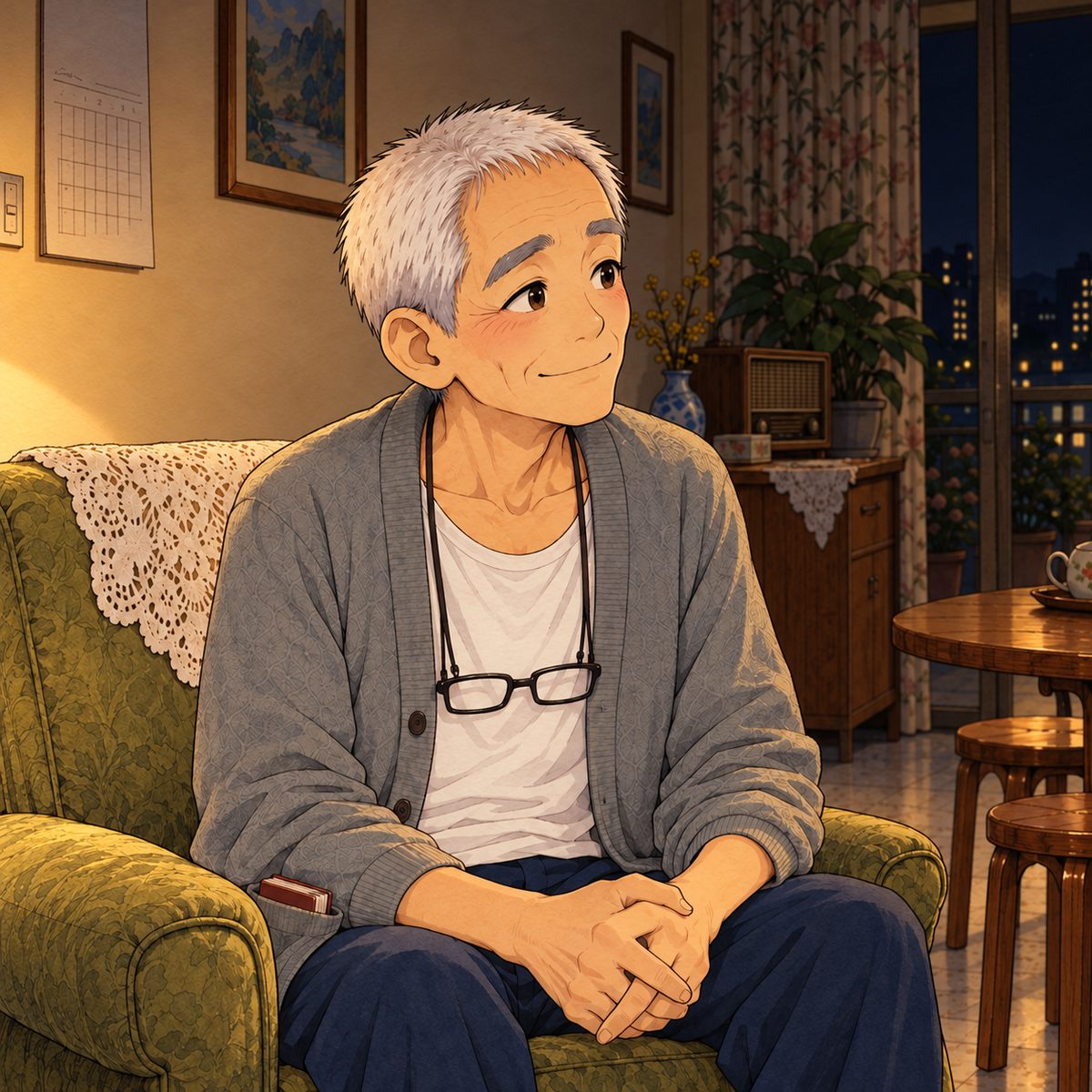 Lamplight. Grandpa looks RIGHT at Xiaoyu off panel, patient and sure, a little proud. His face in the middle of the panel. His white vest below is the quiet area.