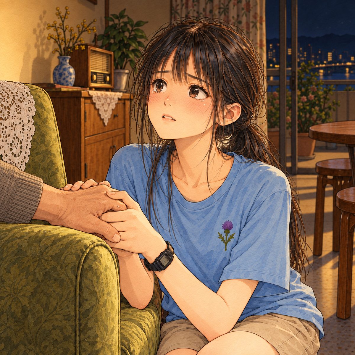 Lamplight. Xiaoyu kneels on the floor beside the armchair and holds Grandpa's hand in both of hers, looking LEFT and up at him off panel, her eyes wet, her voice steady. Her face in the middle of the panel. Her t-shirt below is the quiet area.