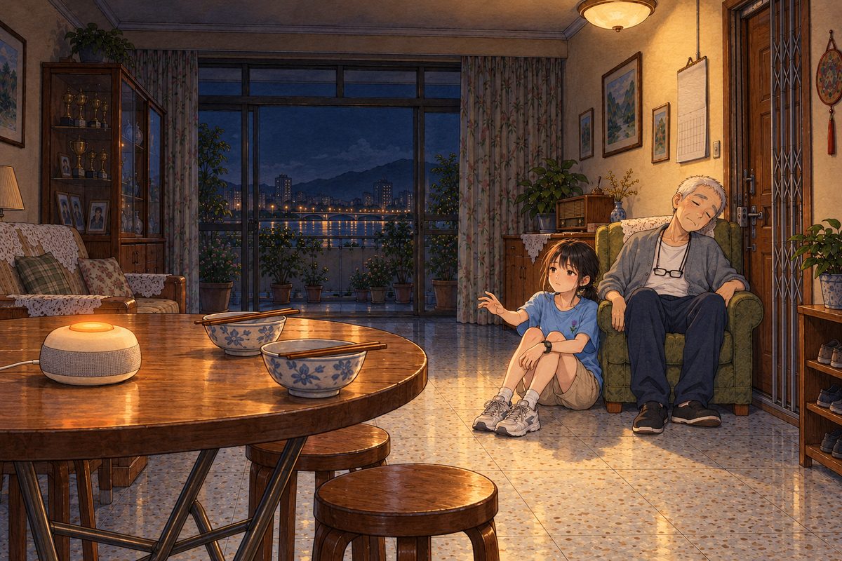 Midnight, one lamp. In the foreground at the LEFT edge, the round table with the two cold bowls and the Lantern speaker still glowing orange. Across the room on the RIGHT, Grandpa asleep in the armchair by the front door, his head fallen to one side, and Xiaoyu sitting on the floor beside him, awake, her RIGHT hand reaching towards nothing. Their faces small in the middle band. The dark room above is the quiet area.