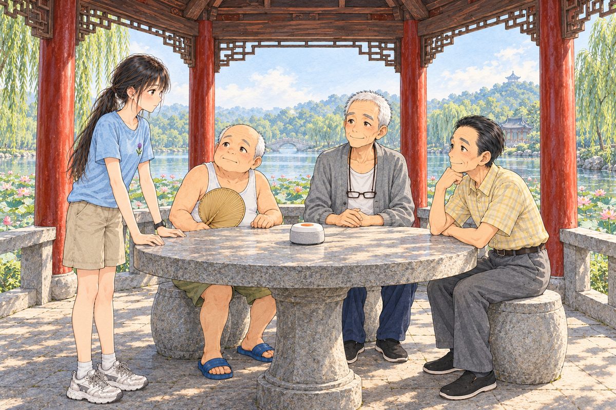 Sunday morning, nine o'clock, hazy light. Xiaoyu stands at the LEFT end of the stone table, her hands resting on its edge, serious. The three old men sit round it: Uncle Wu on the LEFT stool nearest her, Grandpa at the far side in the middle, Mr Sun on the RIGHT. The Lantern speaker in the middle is switched off, its button plain dull orange with NO glow. No pawns on the table today. Four faces in the middle band. The roof beams above are the quiet area.
