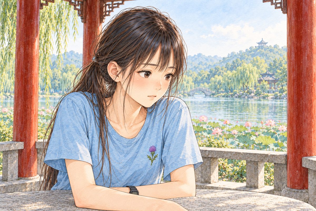 Hazy morning light. Xiaoyu leans a little on the table and looks RIGHT and down at Uncle Wu off panel, gentle and serious. Her face in the middle of the panel. Her t-shirt below is the quiet area.
