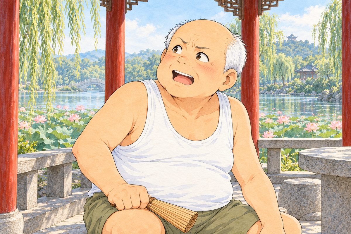 Hazy morning light. Uncle Wu slaps his folded fan on his knee and looks LEFT and up at Xiaoyu off panel, loud and offended, then half laughing. His face in the middle of the panel. His white vest below is the quiet area.