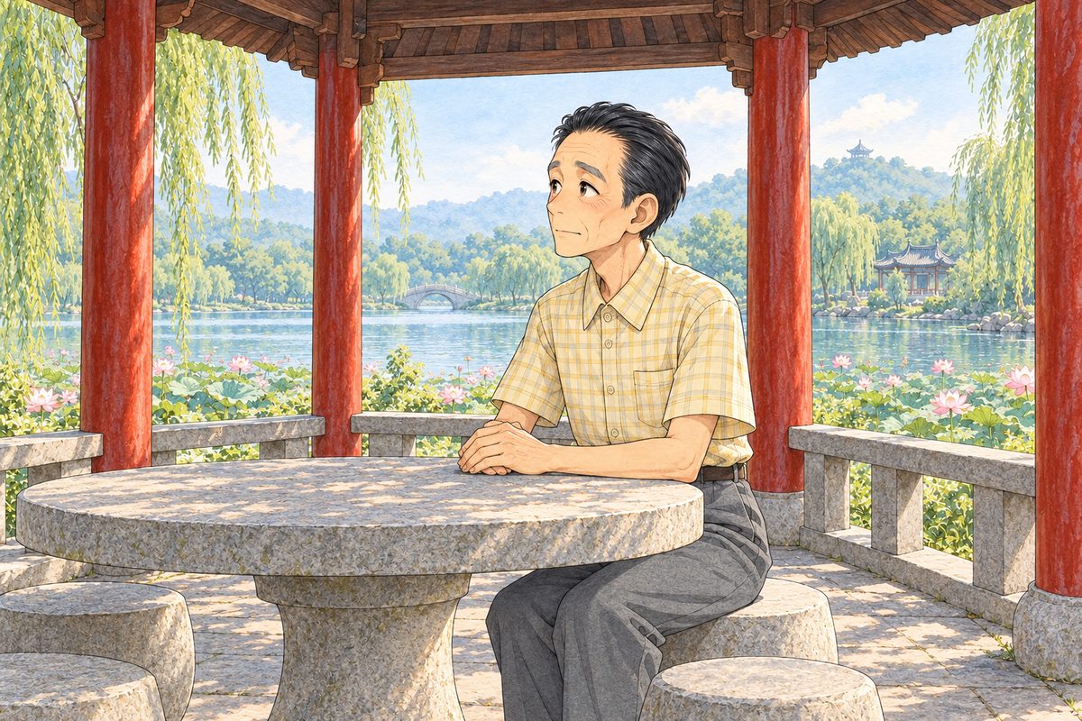 Hazy morning. Mr Sun sits very straight on his stool on the RIGHT side of the table, his hands folded on the stone, looking LEFT at Xiaoyu off panel, quiet and a little ashamed. His pale yellow checked shirt is buttoned to the top. His face in the middle band. The roof beams above are the quiet area.