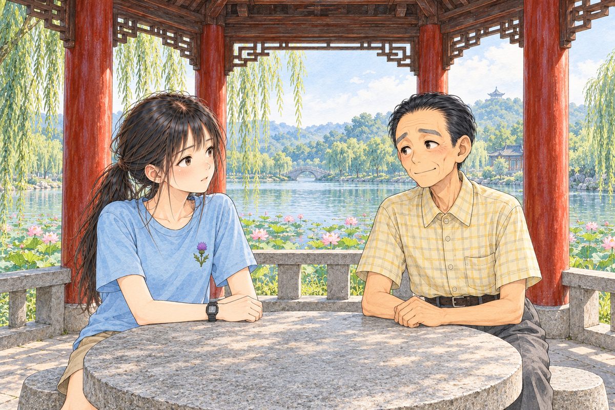 Hazy morning. Xiaoyu on the LEFT looks at Mr Sun across the corner of the table, puzzled and kind. Mr Sun on the RIGHT gives a small, rueful smile and shakes his head. Two faces in the middle band. The roof beams above are the quiet area.